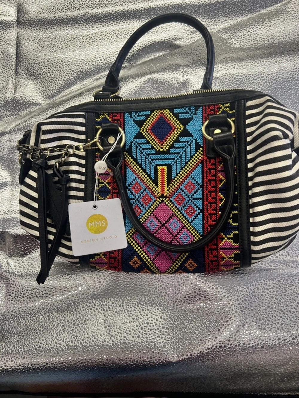 MMS Design Studio Boho Tribal Satchel | Zebra Print & Embroidered Crossbody Bag